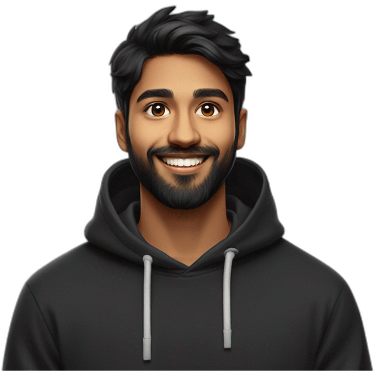 25 year old indian silicon  valley creator economy startup founder smiling in a black hoodie and black medium  size beard with broad shoulders profile photo wearing apple vision pro face only emoji