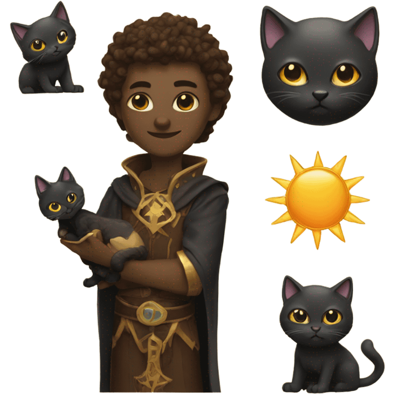 A sun warlock who is pale with brown hair and is holding a black kitten emoji