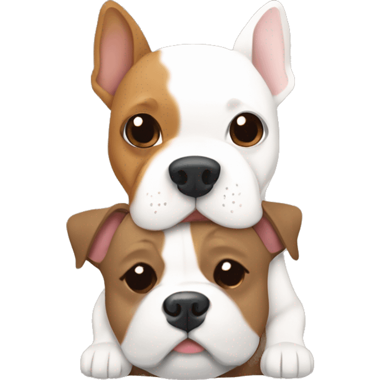 Two dogs, a White Bull terrier, and a brown-and-tan frenchie hugging emoji