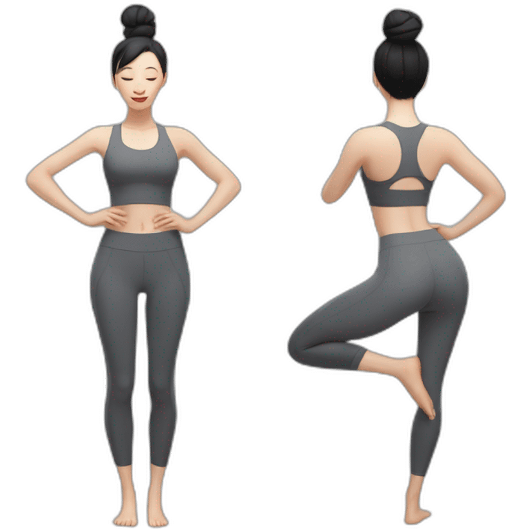 Pale skinned fit woman In a gray tight yoga suit and wristbands With black hair in a bun doing yoga emoji