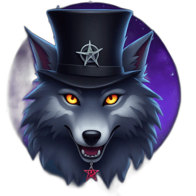 demonic wolf with a pentagram top hat and a pentagram chain with a haunting night background emoji