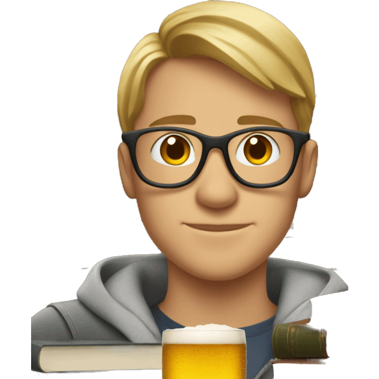 Male student in glasses with books on one side and beer on the other  emoji