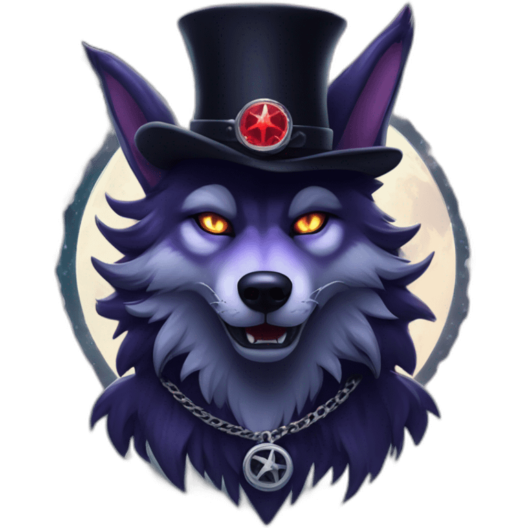 demonic wolf with a pentagram top hat and a pentagram chain with a haunting night background emoji