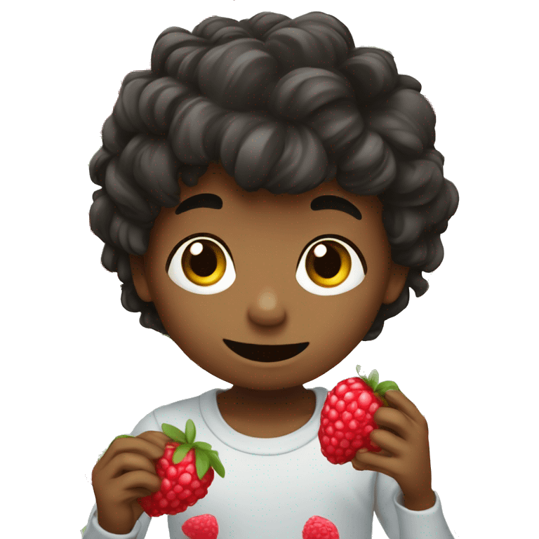 little boy with dark hair eating rasberries emoji