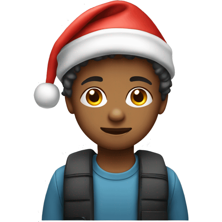 A kid wearing a santa hat with a iphone emoji