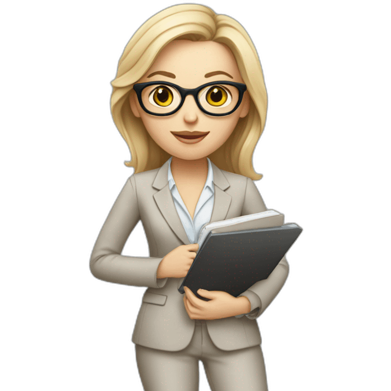 white girl in a pantsuit, glasses, notebook in hand. emoji