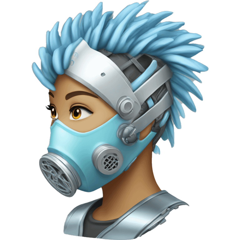 Light blue Mohawk female cyborg head with silver respirator mask and circuits emoji