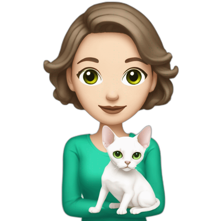 White brunette woman with green eyes and bob hair holding slim white devon rex with light blue eyes emoji