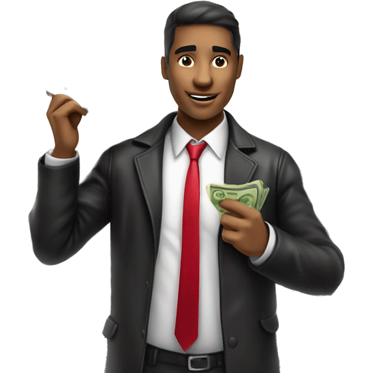 a stock market trader, swarthy mixed skin, with red tie, white shirt, black leather jacket and white cap holding bank notes in his hand emoji