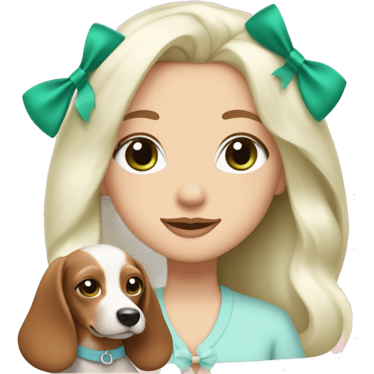 pale blonde girl with long platinum white hair with bright green blue eyes and wearing a light pink hair bow holding a brown and white haired wiener dog puppy also wearing a hair bow emoji