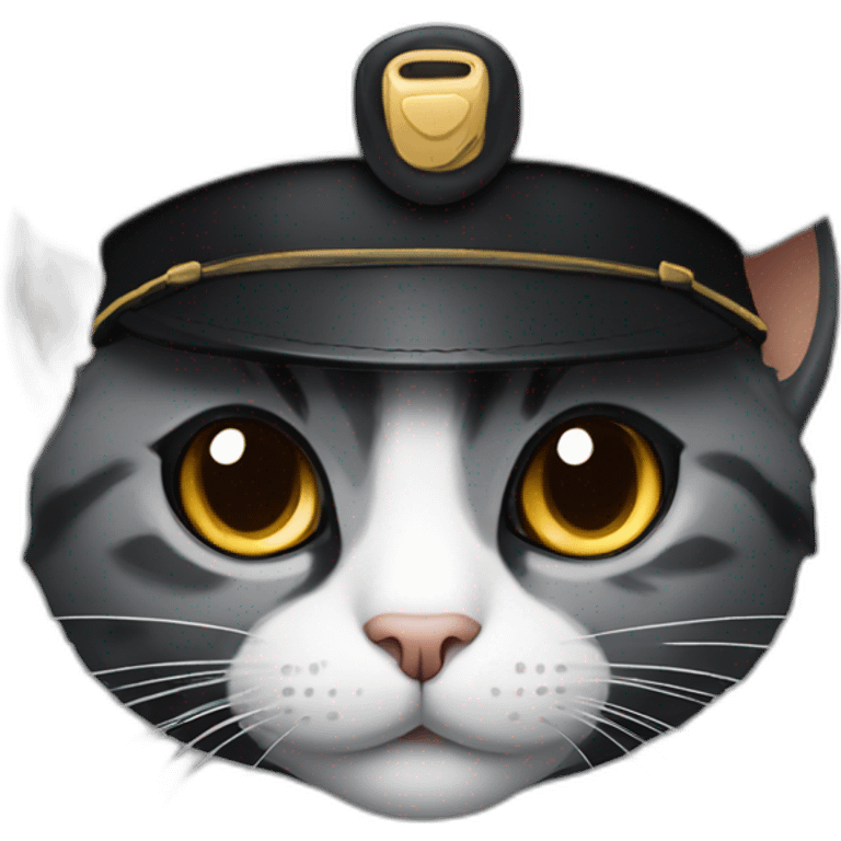 full grey and black calico cat face wearing a pilot hat emoji