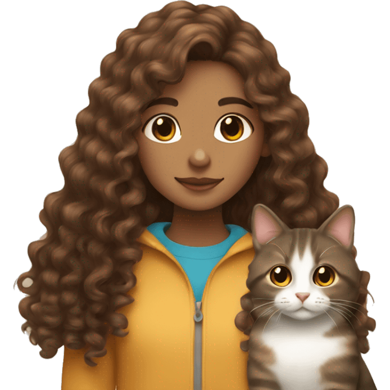 Curly long brown hair girl with a tricolor cat  emoji