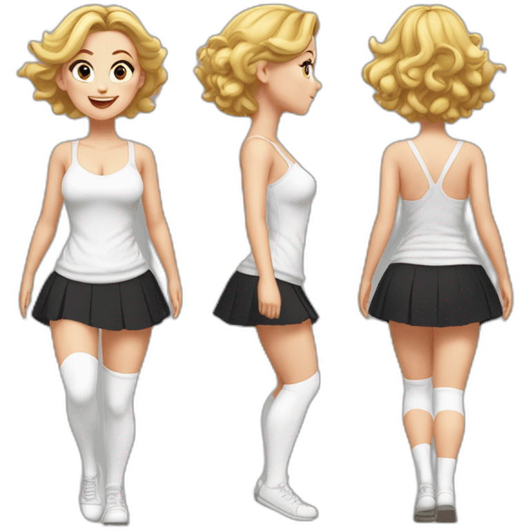 realistic full body caucasian curvy beauty jumping short black skirt back and front views strong wind white knickers long white socks emoji