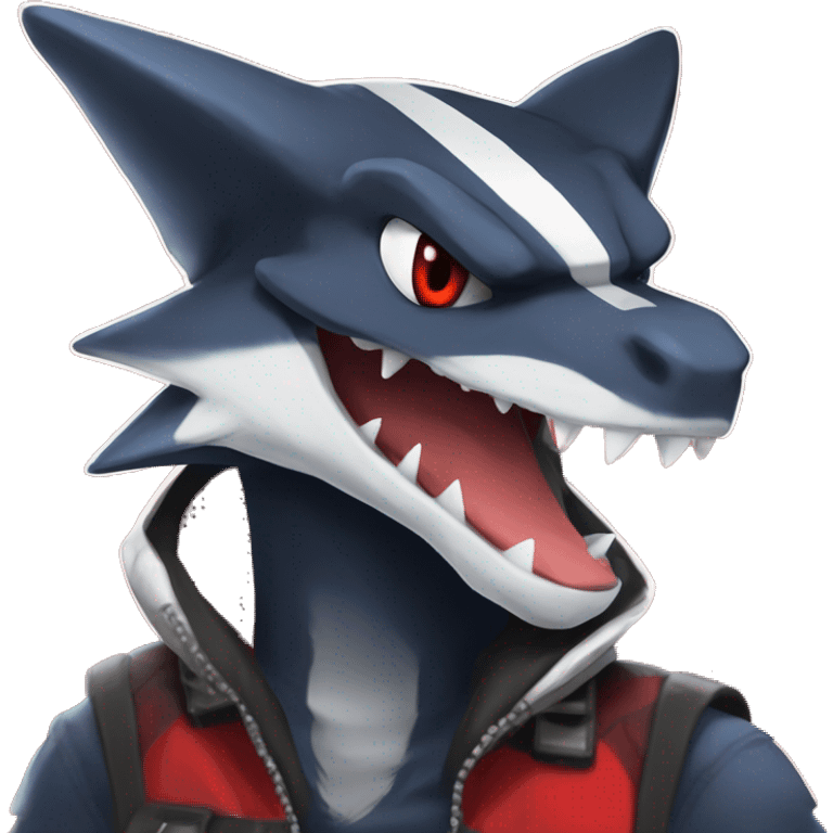 Black Cool Edgy Anthro Sharpedo-Sergal-Garchomp-Fakémon  with White and Red Edgy markings emoji