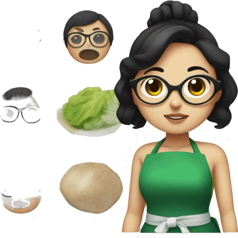 chubby lady with black hair and big eyes green apron  with glasses cooking  emoji