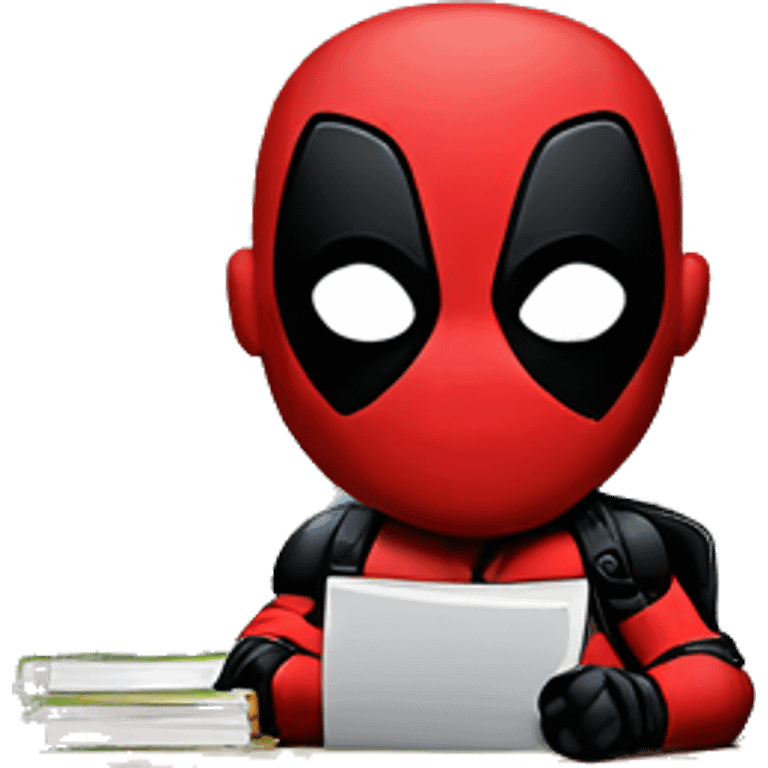 Cute Deadpool sitting at a desk, front view emoji