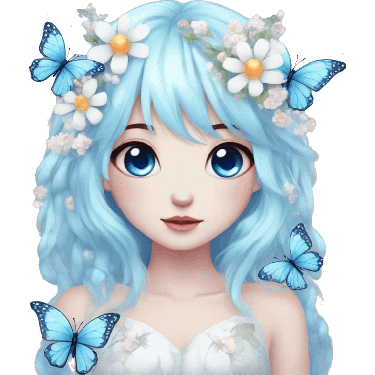 Edgy Cute Cool Kawaii gorgeous sparkly ethereal white fantasy animal with blue eyes sona with flowers and butterflies beautiful aesthetic emoji