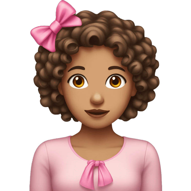 Tan girl with brown eyes dark brown curly hair and a pink bow emoji