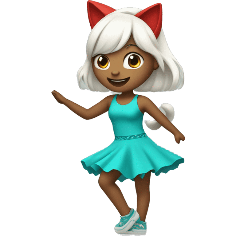 dancing girl with white left hair and right red with turquoise cat ears emoji