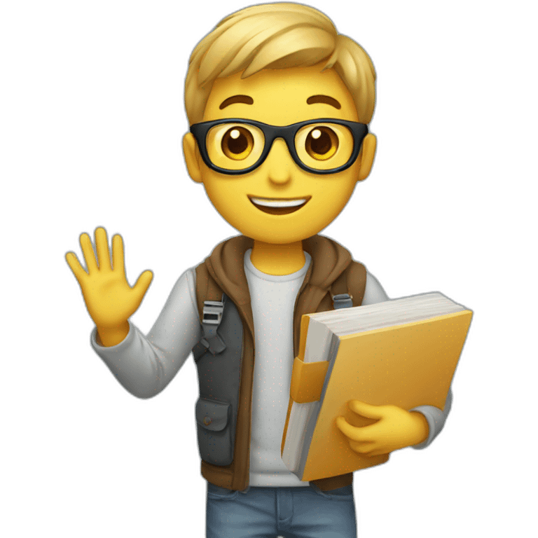 boy designer holding laptop and book waving hi emoji