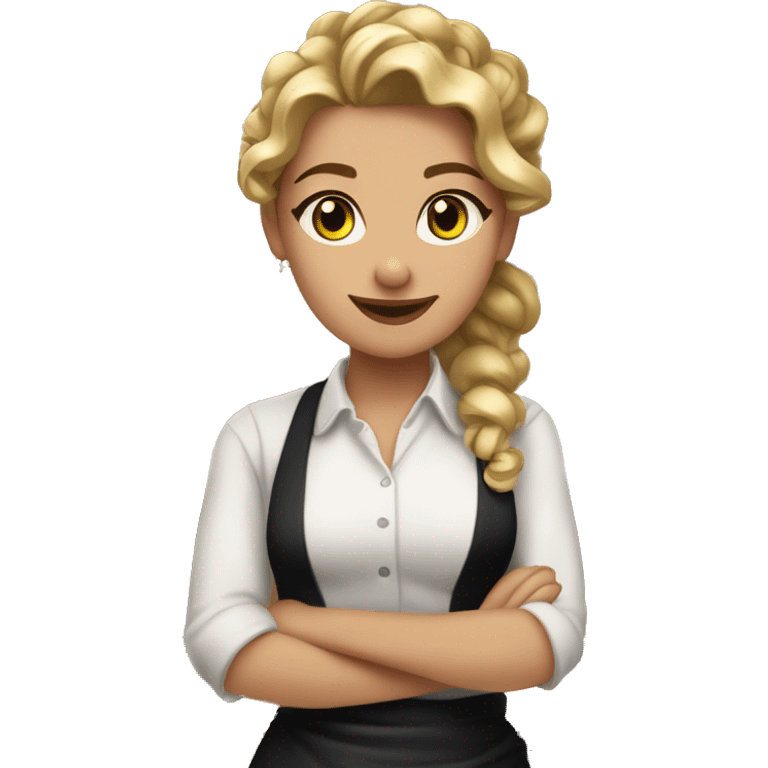 Waitress with white shirt and black apron, curly dirty-blonde hair in a pony tail, hazel eyes, LOTS of bohemian jewelry and bracelets  emoji