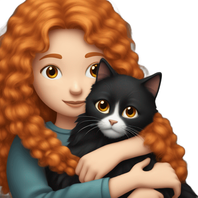 Long haired Ginger girl cuddling with black fluffy cat emoji