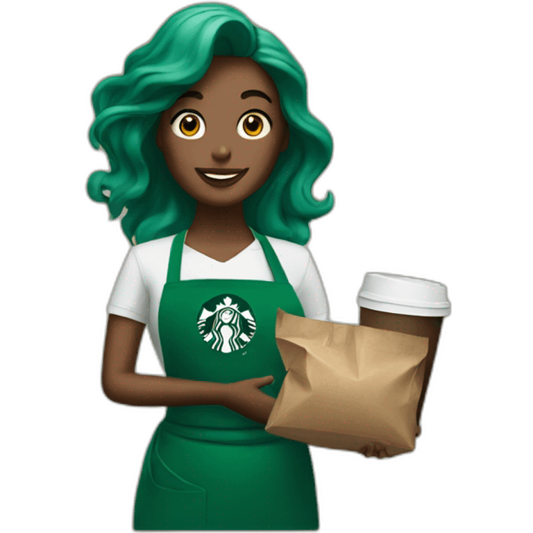 Mermaid working at Starbucks with green apron emoji