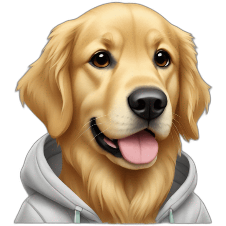 Golden retriever wearing a hoodie with the text Hola en que podemos ayudarte? emoji