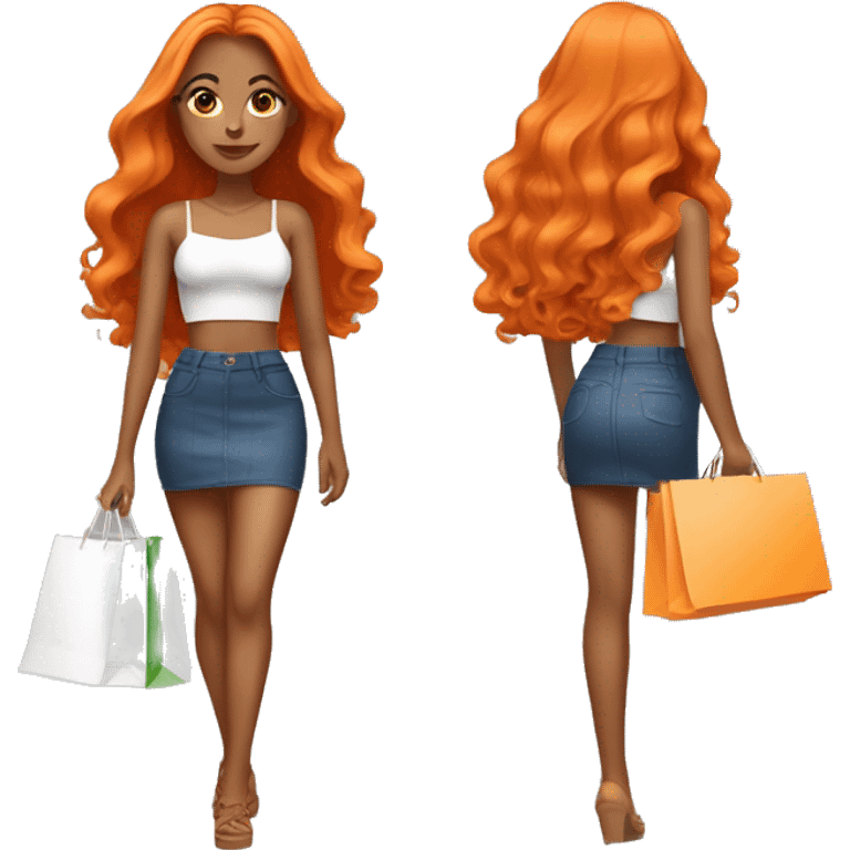 Tan girl with long orange hair wearing a mini skirt and crop top outfit holding shopping bags emoji