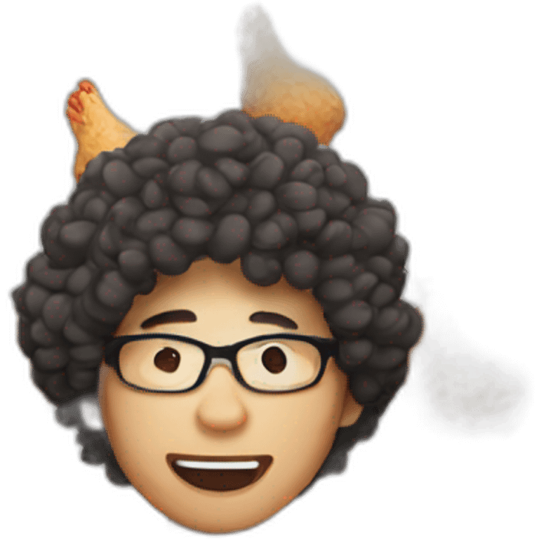 Asian man with round glasses and natural perm eating chicken emoji