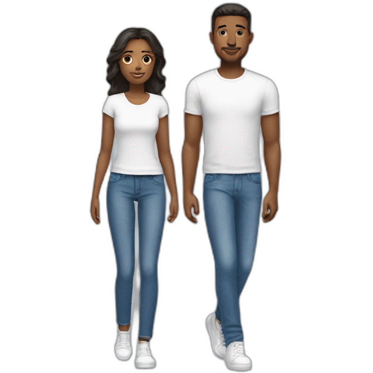 Couple wearing white tshirt blue jeans and white shoes emoji