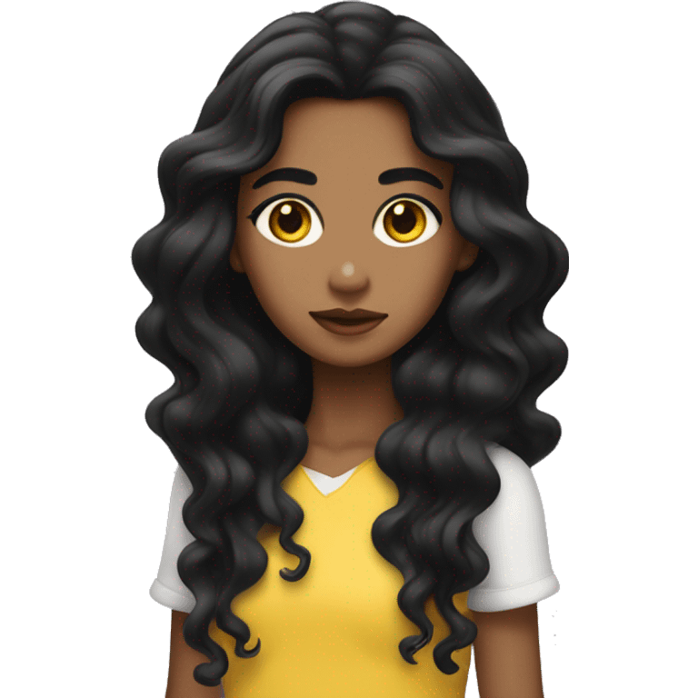 A girl with long wavy blak hair, thick eyebrows, long eye lashs with yellow-white skin emoji