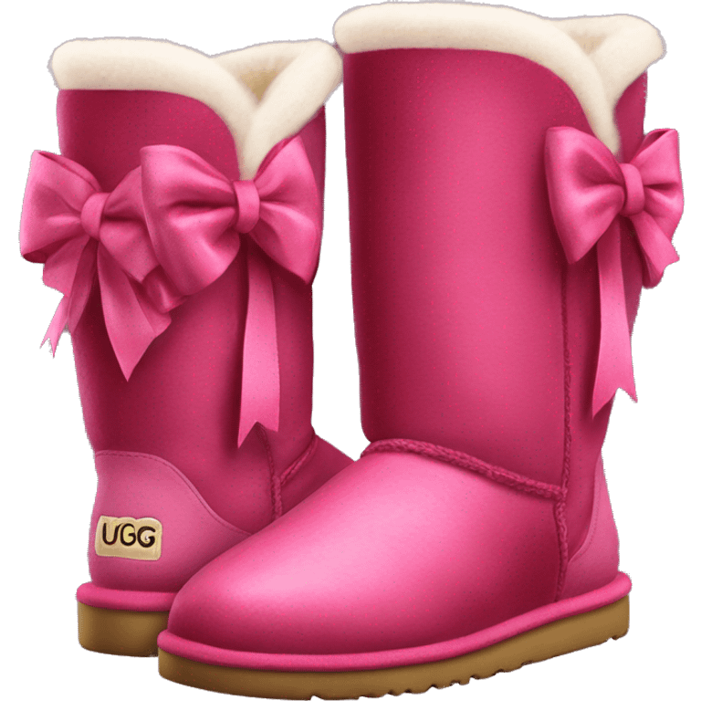 Realistic pair of raspberry color Ugg fur boots with ribbon bows. emoji