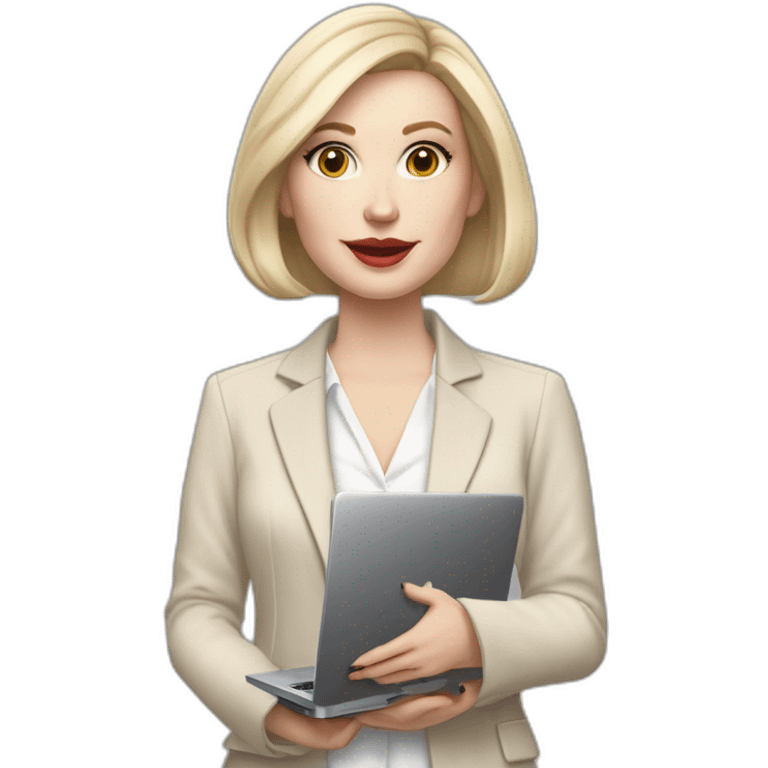 pale skin woman with ash blonde Straightened bob Hair, White Spacious classical jacket, beige palazzo Arrow pants and gray blouse holding a MacBook in the hands emoji