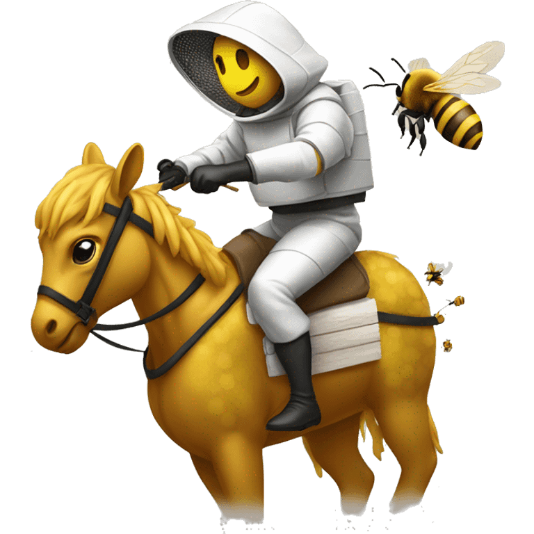 beekeeper wearing a fencing Veil style bee sute riding a horse with honey following him emoji