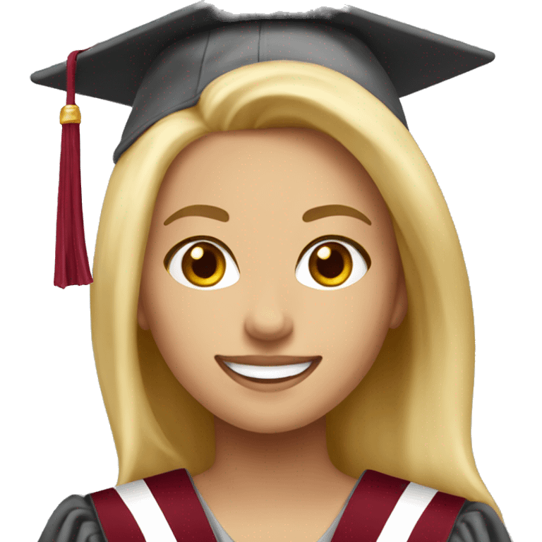 Blonde girl smiling wearing university of Chicago Loyola grad cap emoji