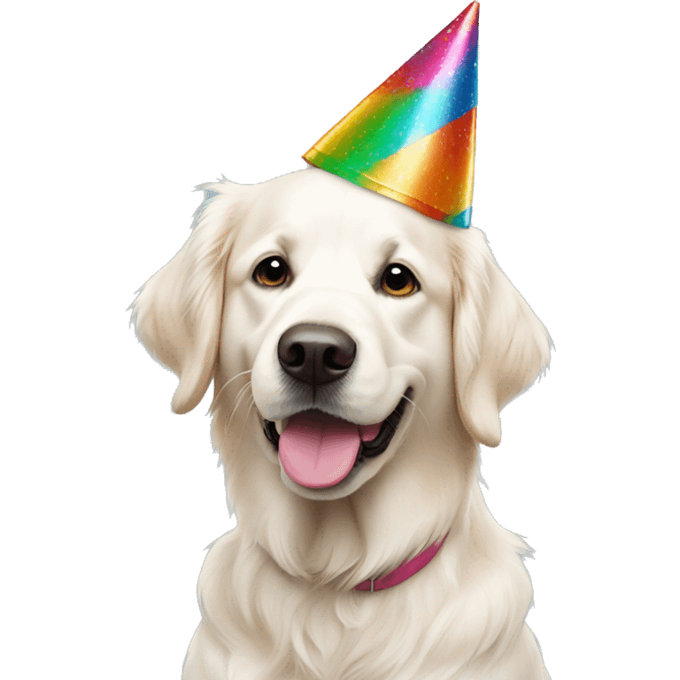 White golden retriever wearing multicolor party hat emoji