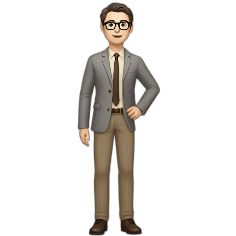 Full height Pale skinned Fit Man With dark brown hair in gray jacket, beige office shirt, tie, Brown pants and vintage glasses. Thrumbs of his palms directed up emoji