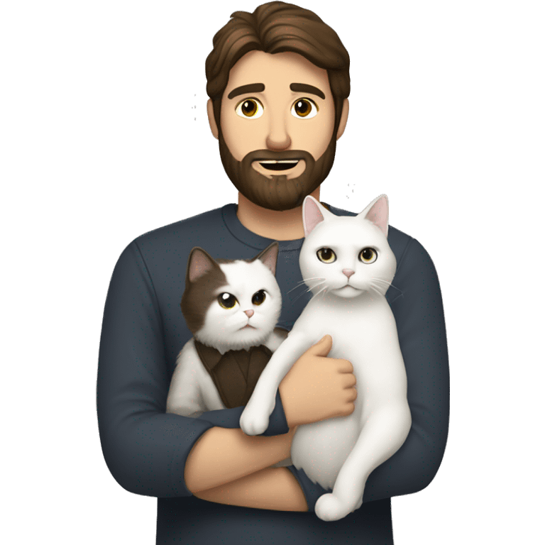 A whit man with dark brown hair and beard holding white cat emoji