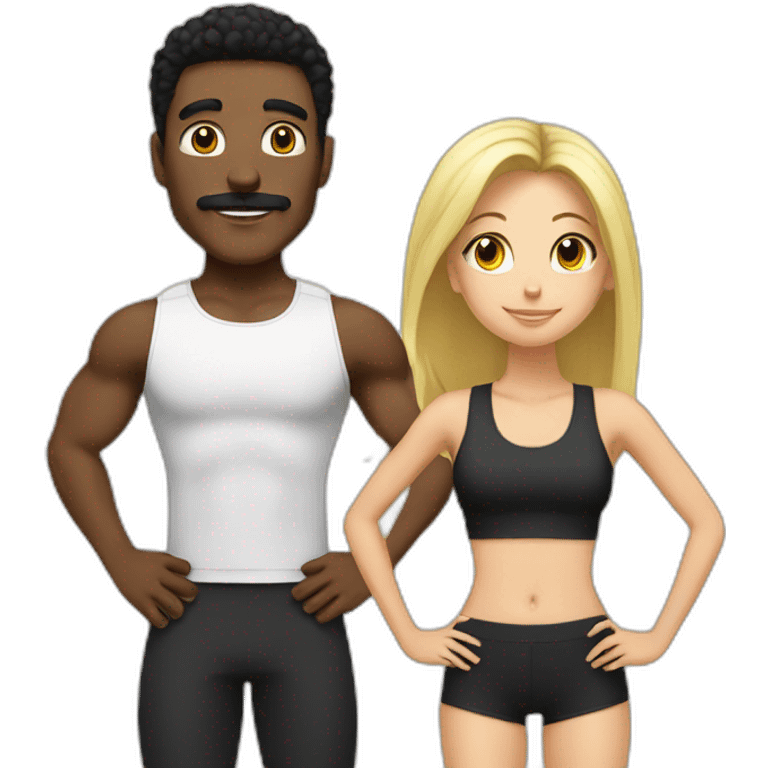 Black guy with black hair and mustache and blonde girl going to the gym emoji