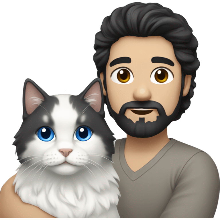 Man with black hair and beard and holding a all white Siberian cat with blue eyes emoji