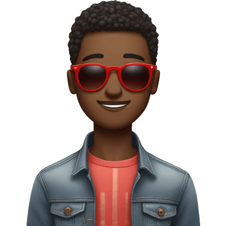 young black man with short textured hair, wearing large round red-tinted sunglasses. He is giving a playful wink, with one eye closed and the other slightly squinted behind the sunglasses. A small, confident smile curves at the corner of his lips, emoji