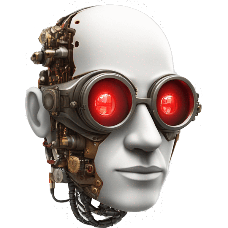 Bald cyborg head with red steampunk goggles, white five o’clock shadow, and circuits emoji