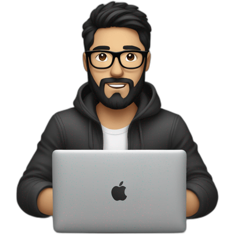 Designer with black hair, beard and glasses working with MacBook and drinking cappuccino  emoji