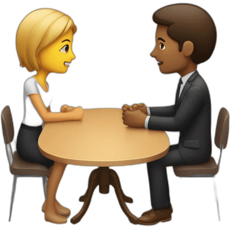 two person, interviewer and a brown person, talking, 4K, high-detailed, with table, face to face emoji