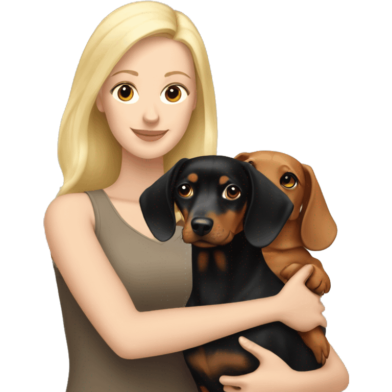 Blonde white woman and Brunette white woman holding black and tan dachshund emoji