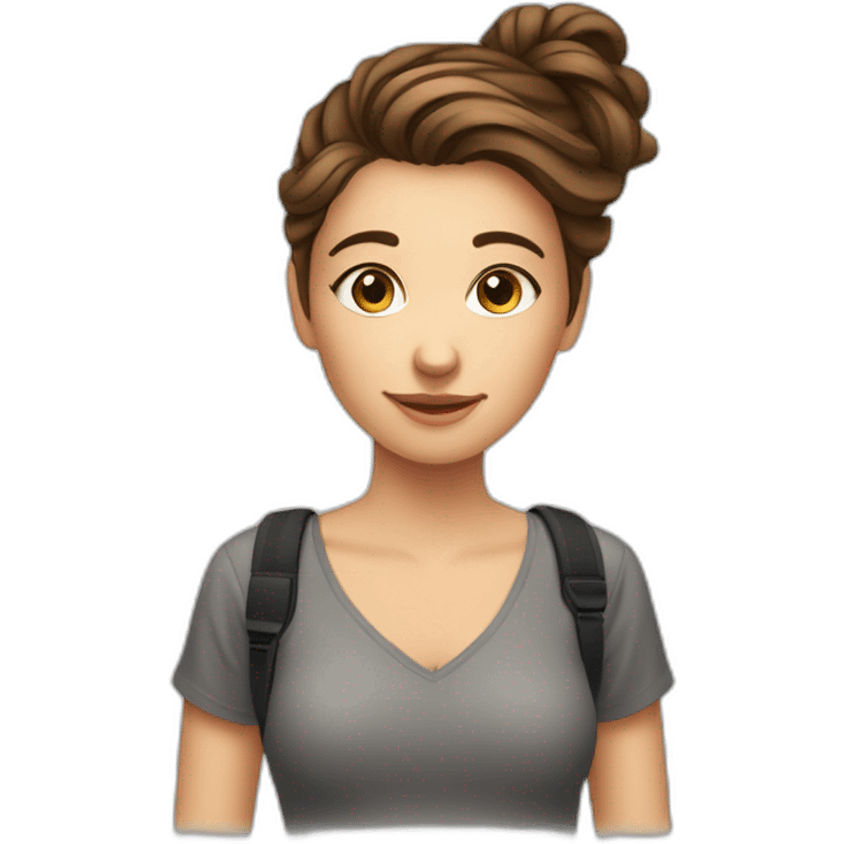 European Girl with brown hair up to shoulder, social media manager, with phone or laptop, camera emoji