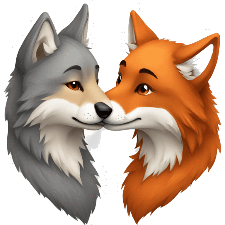 Male gray wolf kisses female red fox emoji