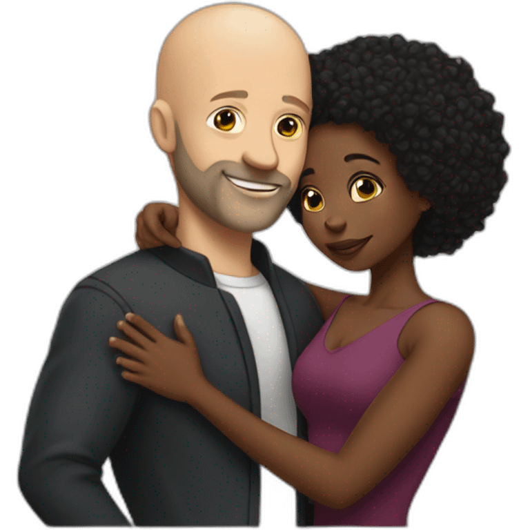 a hug from a black woman in a tight dress to a white man with no hair and a beard emoji