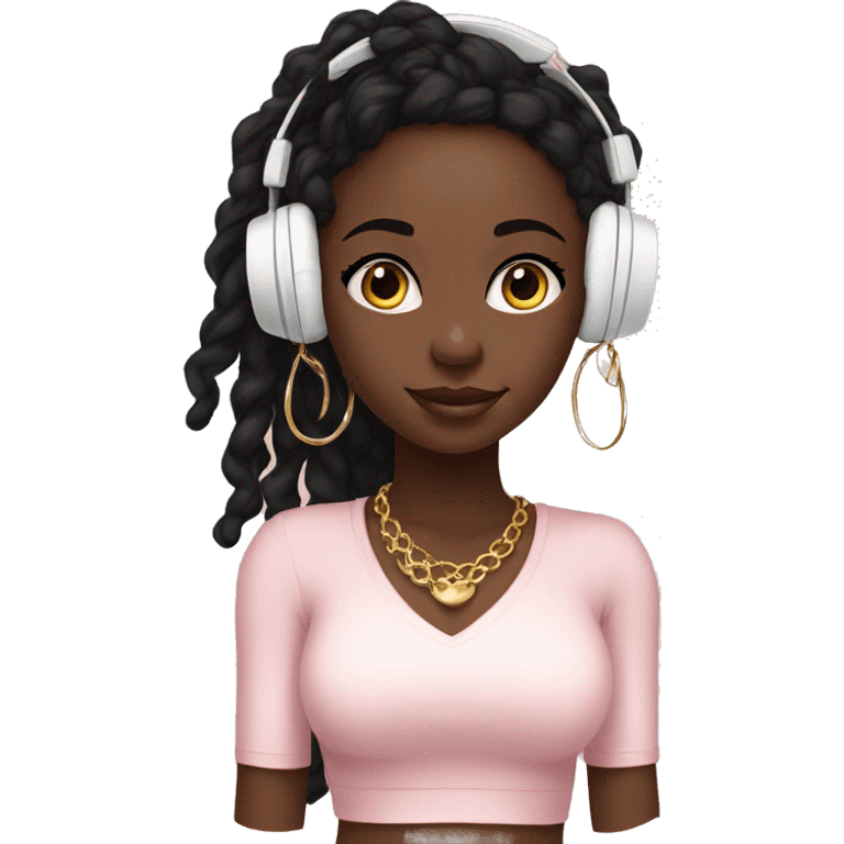 African girl. Black long twists. Wearing white headphones. Listening to music. Wearing a light pink v neck top. Gold Jewelry. Makeup. Blush. emoji